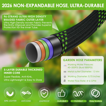 HORTICORA Garden Hose 100 ft, Non-Expandable Ultra-Lightweight Flexible Hose with 360° Dual-End