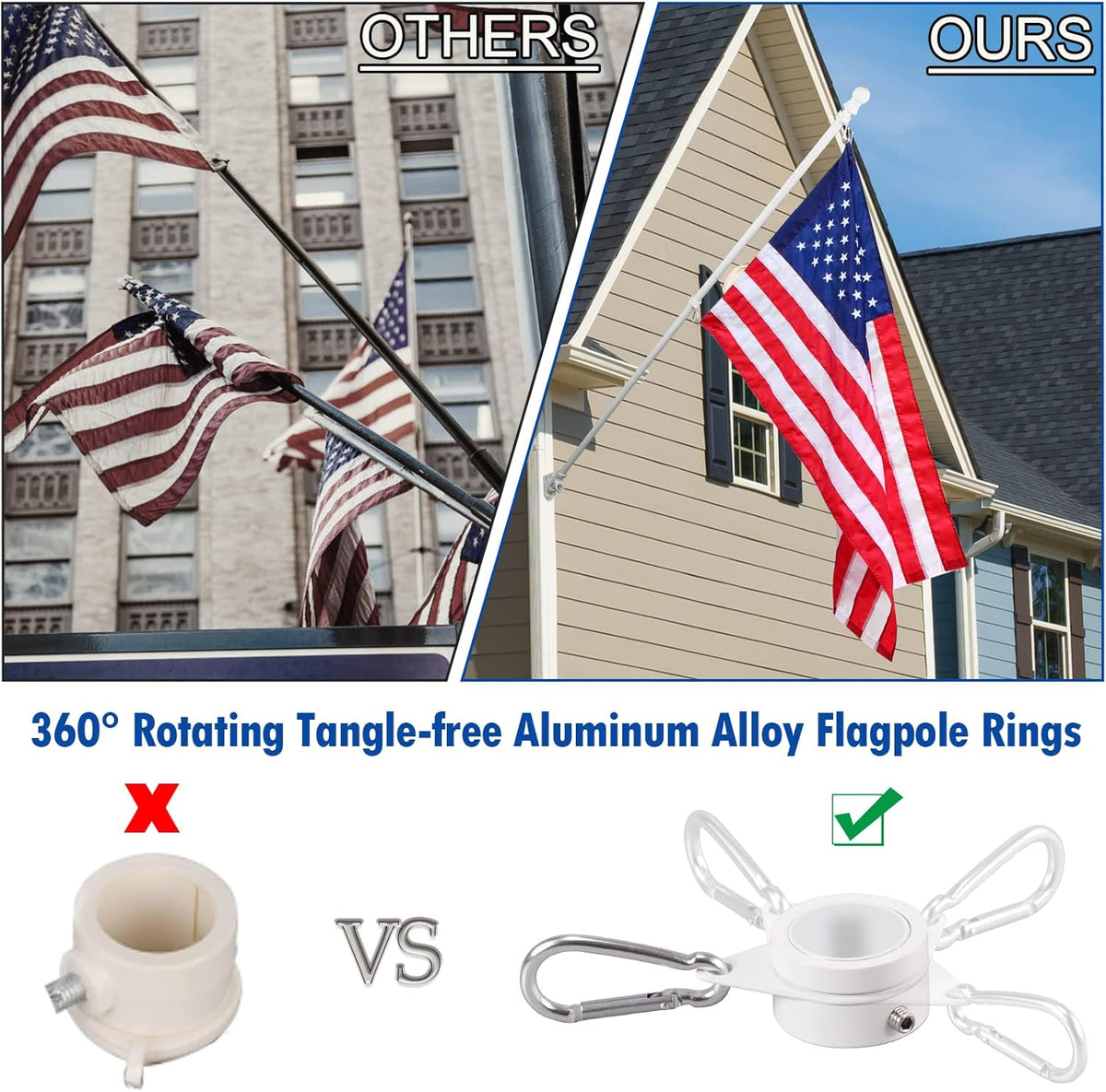 1" White Flag Pole Rings, 2 Pcs Anti Wrap Aluminum Alloy Flag Pole Clips Swivels, 360° Rotating