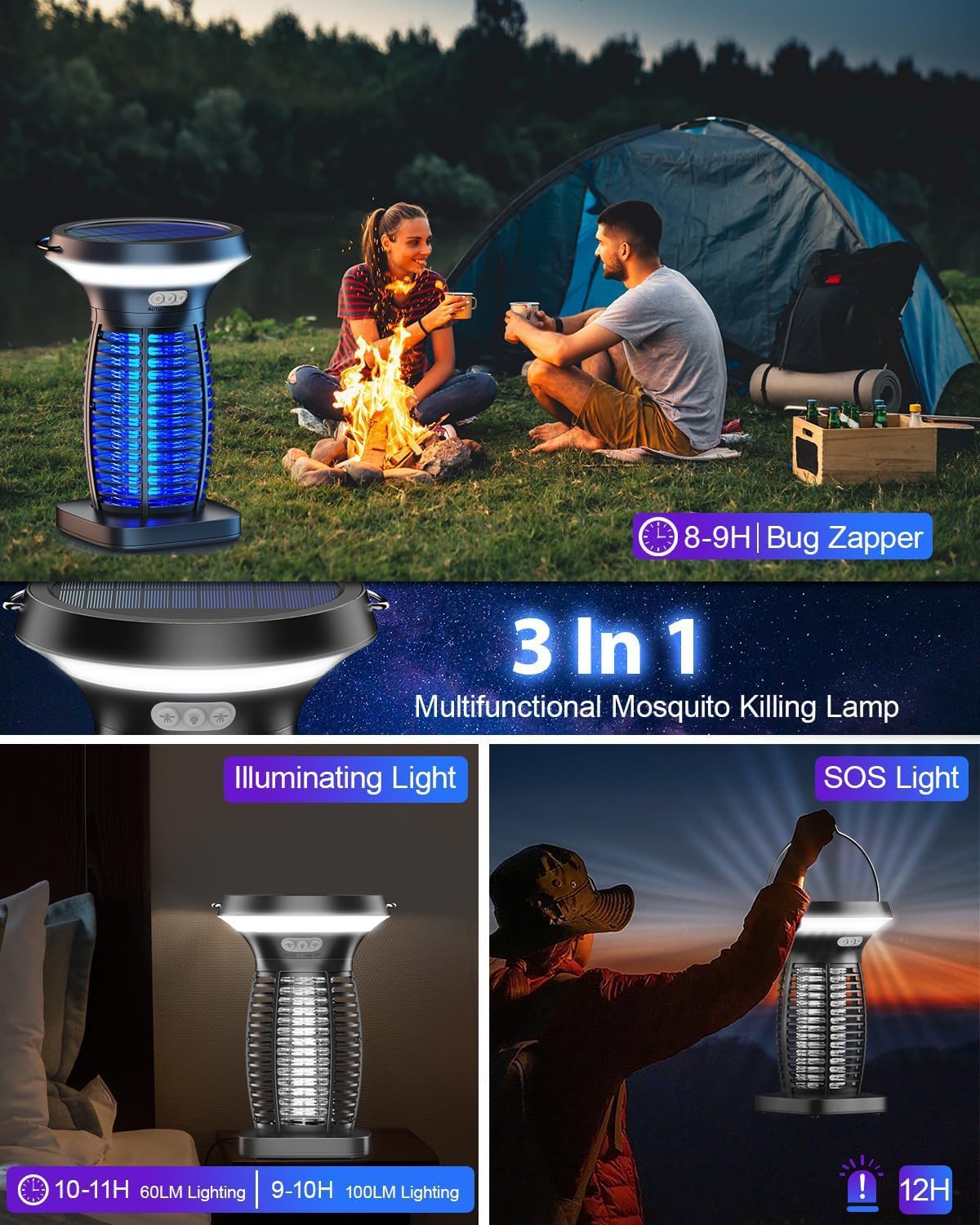 Solar Bug Zapper Outdoor Waterproof, Portable Pest Control Electric Mosquito Zapper Killer with