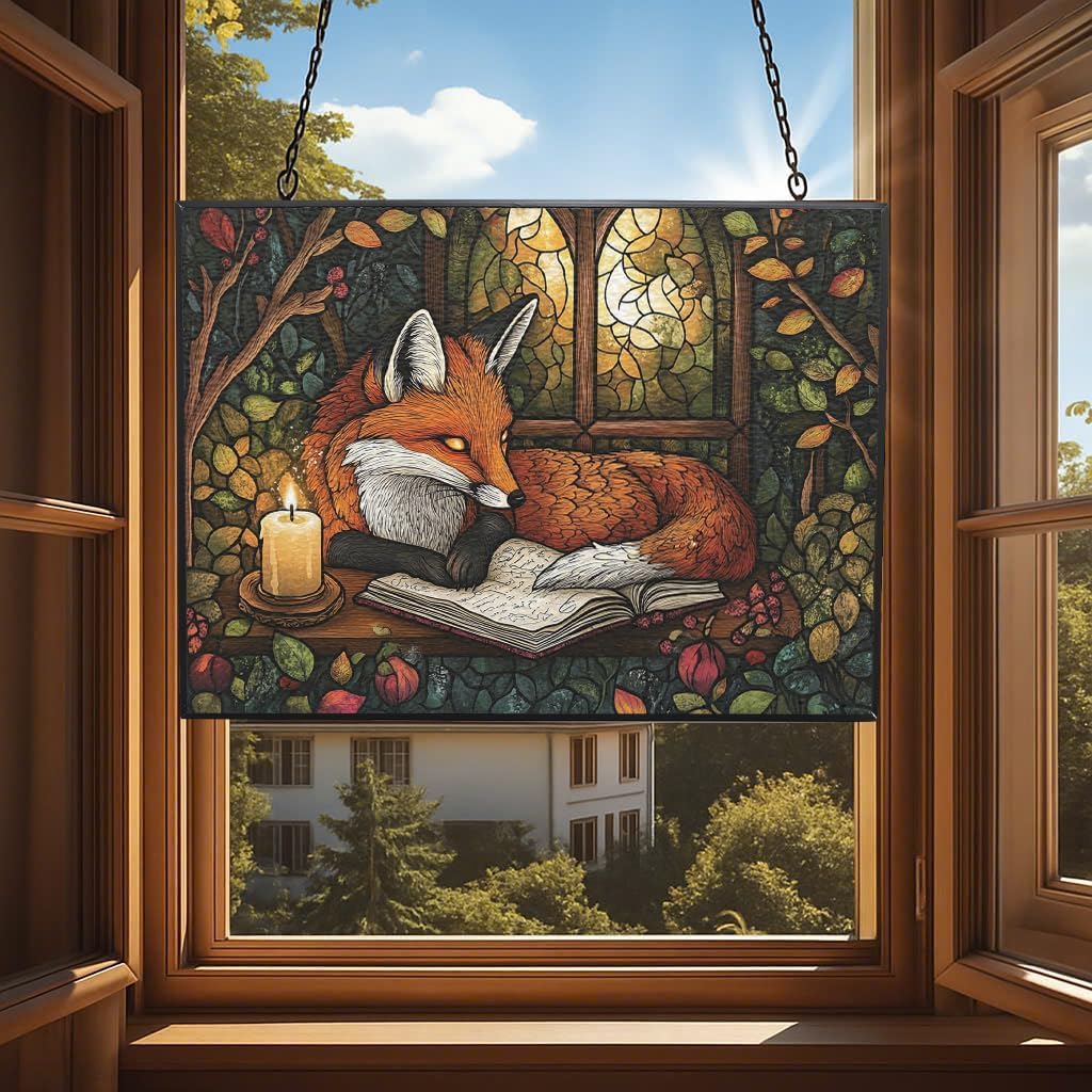 Personalized Rectangle Boho Fox Journaling in Forest Stained Glass Window Hanging, Stained Glass