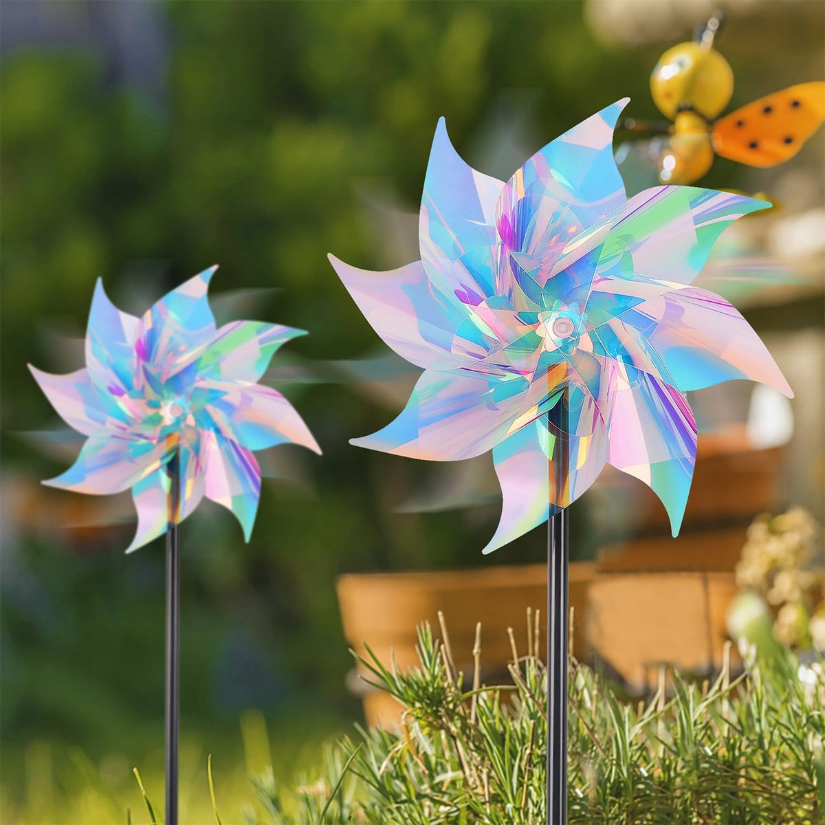Hausse 10 Pack Reflective Pinwheels Wind Spinner, Extra Sparkly Pinwheel with Stakes, Bird