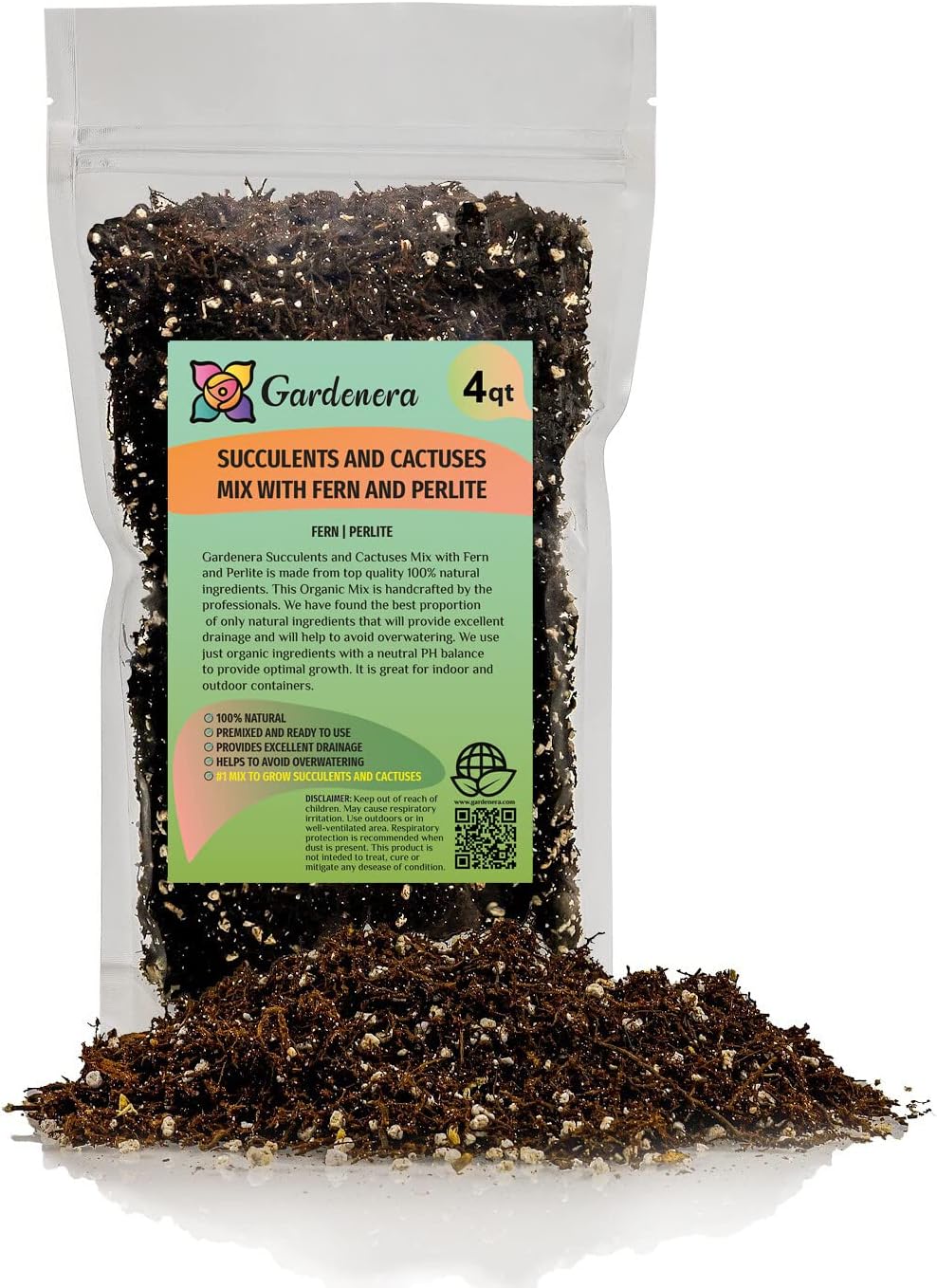 Gardenera Fern + Perlite Soil Mix for Repotting and Planting Succulents and Cactuses - 4 Quart Bag