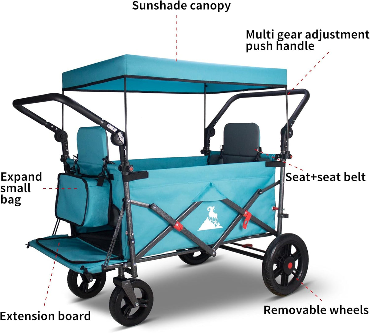 Foldable Wagon with Canopy - Collapsible Utility Cart with 2 Seats & Belts, Adjustable Handle