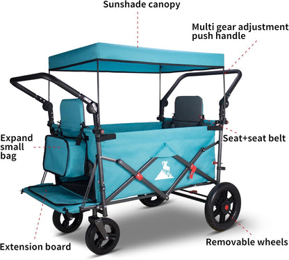 Foldable Wagon with Canopy - Collapsible Utility Cart with 2 Seats & Belts, Adjustable Handle