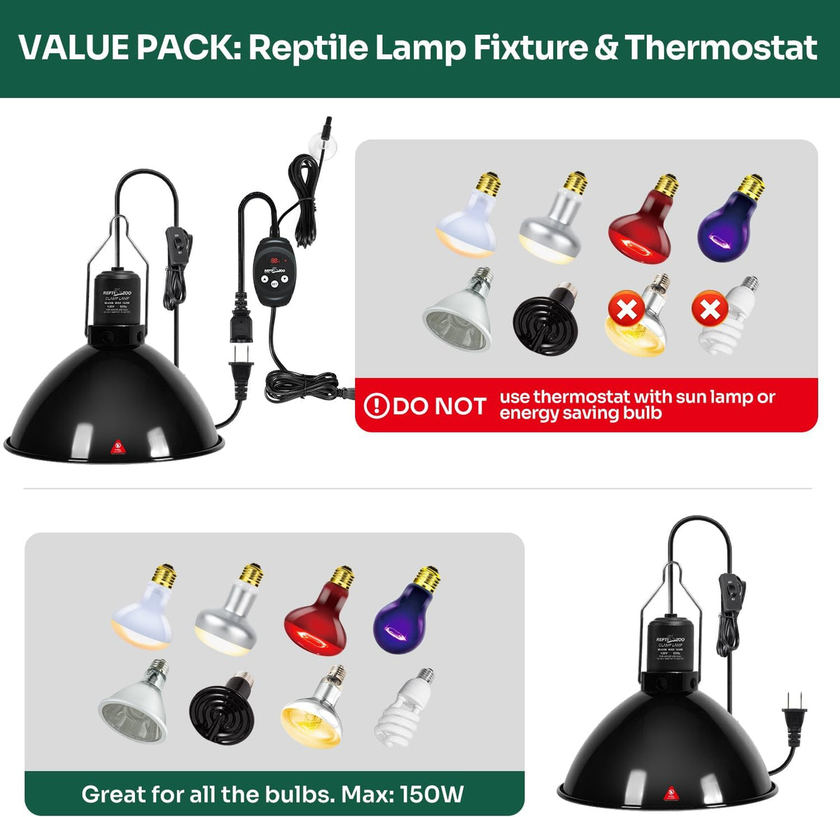 REPTI ZOO Reptile Light Fixture Dimming Thermostat Combo Pack, 8.5 Inch Deep Dome Lamp Fixture Max