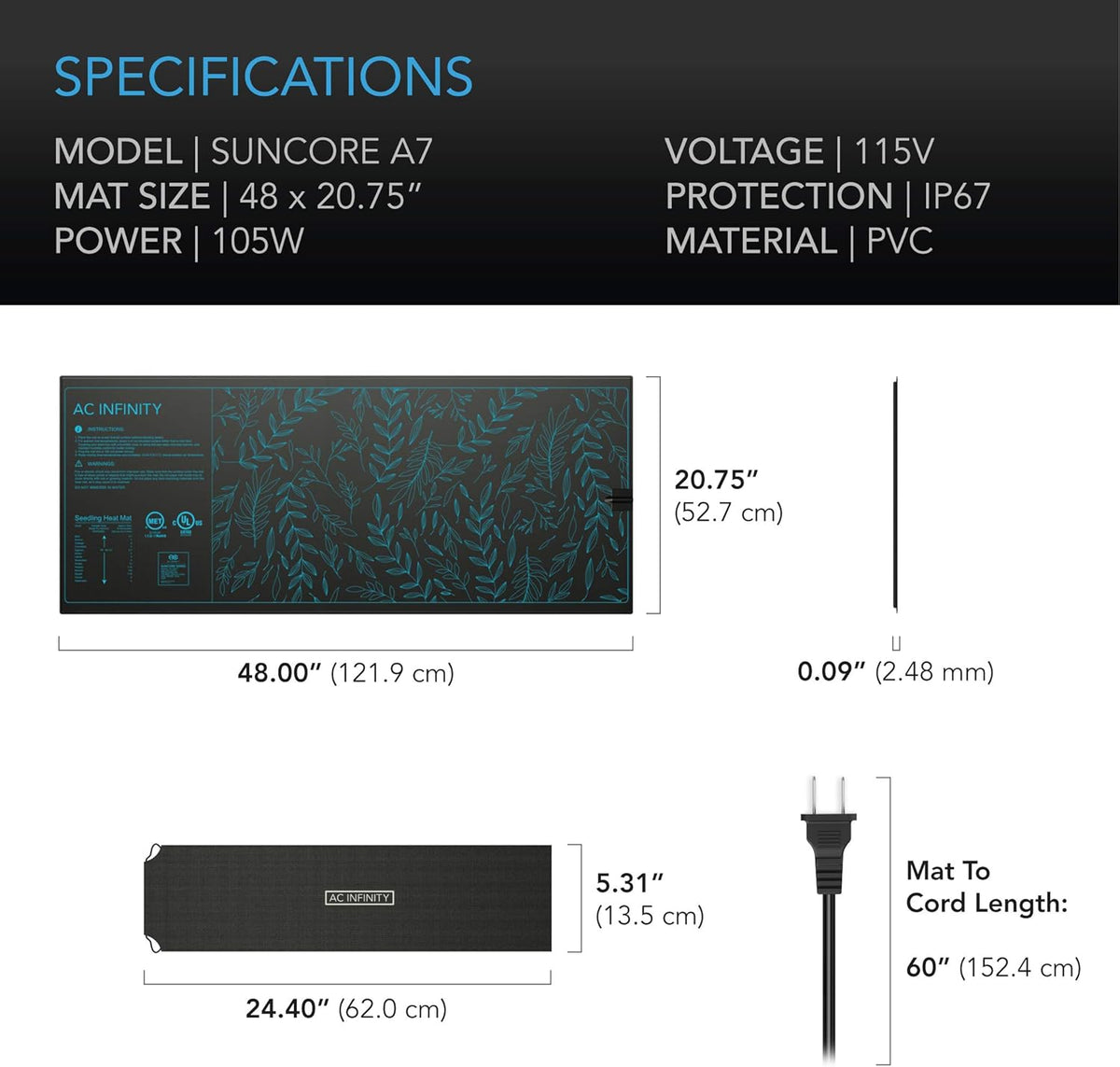 AC Infinity SUNCORE A7, Waterproof Seedling Heat Mat 48" x 20.75" MET & UL-Certified Heating Pad