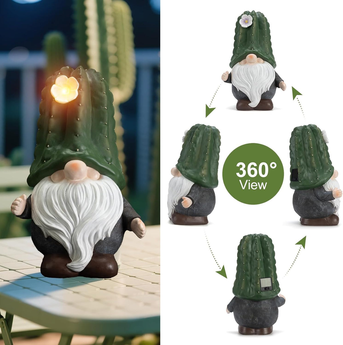 Solar Cactus Gnome Statue Garden Decor Light - Outdoor Decorative LED Flower, Suitable for Patio