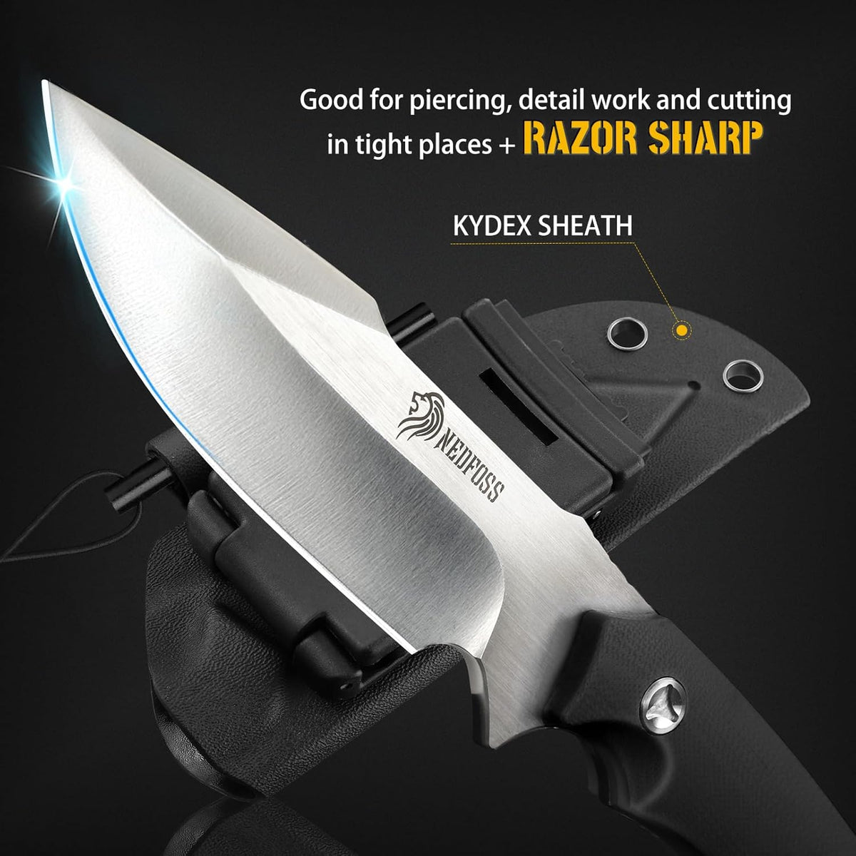 NedFoss Survival Knife with Fire Starter and Kydex Sheath, 9.25" Full Tang Fixed Blade Camping