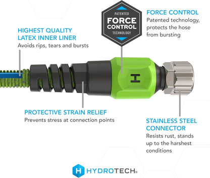 HydroTech 50 ft Expandable Garden Hose - Pro Series, 2x Max Flow, 3/4" No-Kink Flexibility