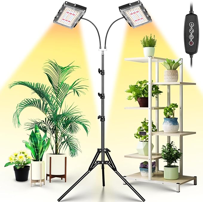 LBW Grow Light for Indoor Plants, Dual Heads Full Spectrum LED, Auto On/Off Timer, 6 Dimmable