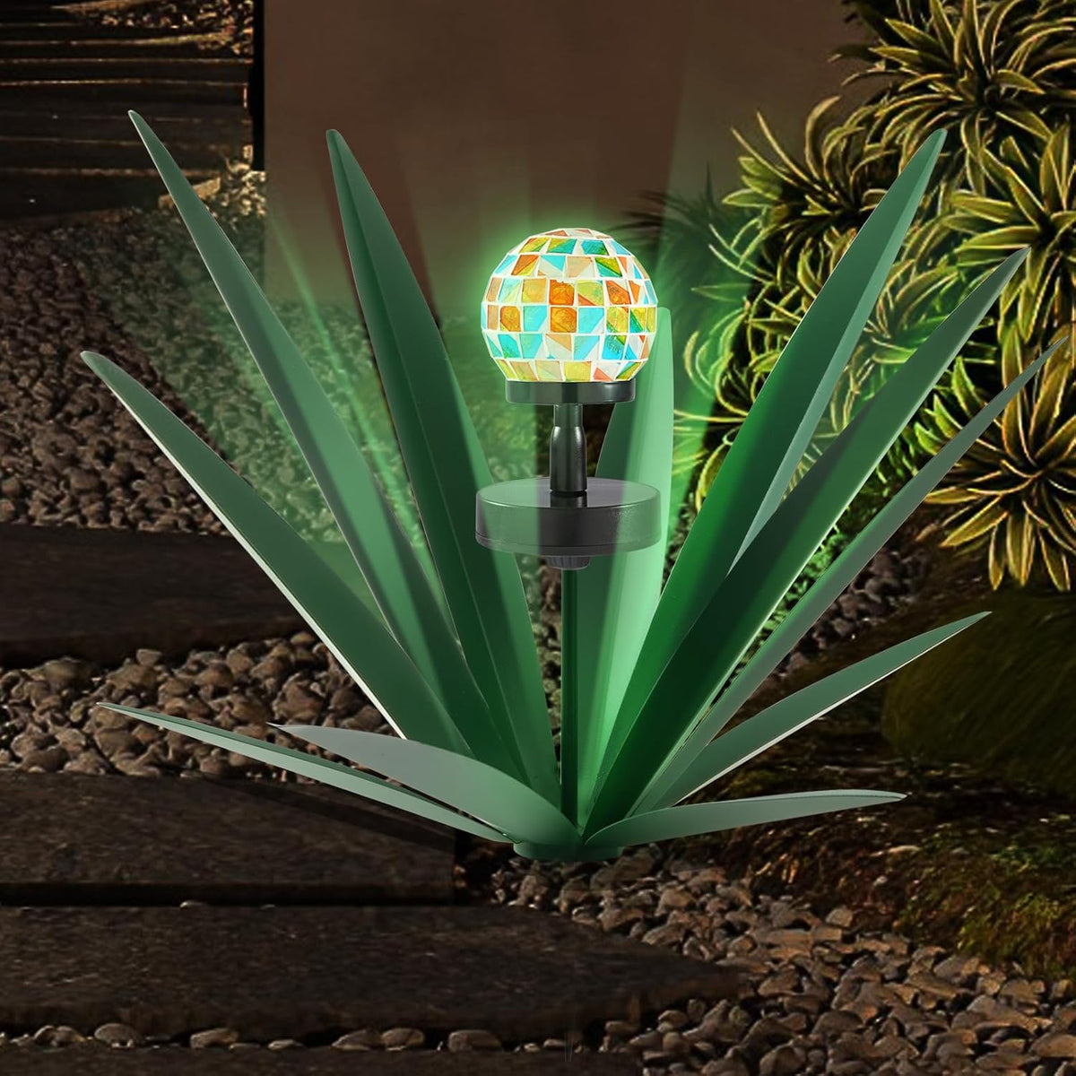 TOMBABY Solar Rustic Garden Style Metal Agave Plants Outdoor Patio, Home Decor Hand-Painted Metal