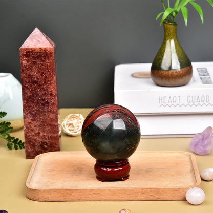 JIC Gem Real Quartz Crystal Sphere Ball African Bloodstone Healing Crystal Ball with Decoation