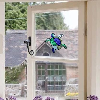 Sea Turtle Decor Stained Glass Window Hanging,Navy Turtle Suncatcher for Garden,Bathroom,Backyard
