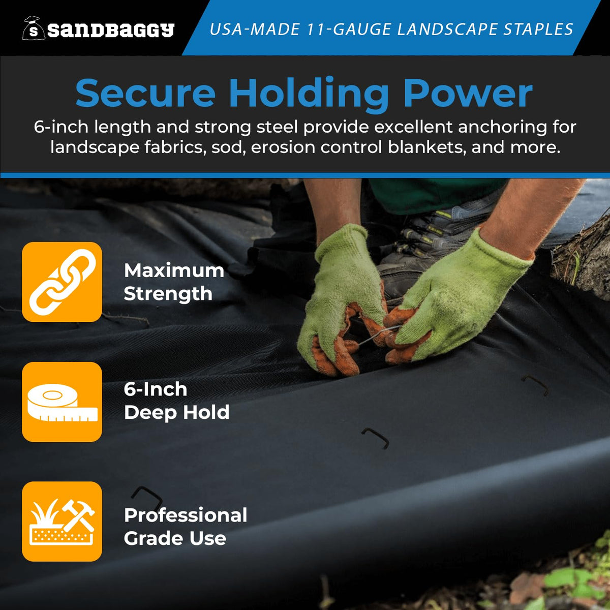 Sandbaggy USA Made 6-inch Landscape Staples - Garden Stakes - Landscaping Fabric, Netting, Sod