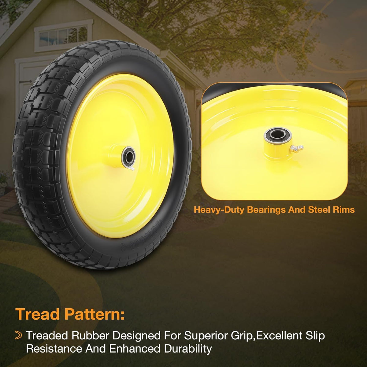 HQPASFY 16" Flat Free Tire 4.80/4.00-8 Wheelbarrow Tire and Wheel, 3" Centered Hub, 5/8" & 3/4"