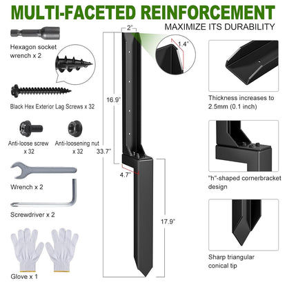 Fence Post Repair Kit，Heavy Duty Steel Fence Post Anchor Ground Spike ，Quick Fix Broken/Leaning
