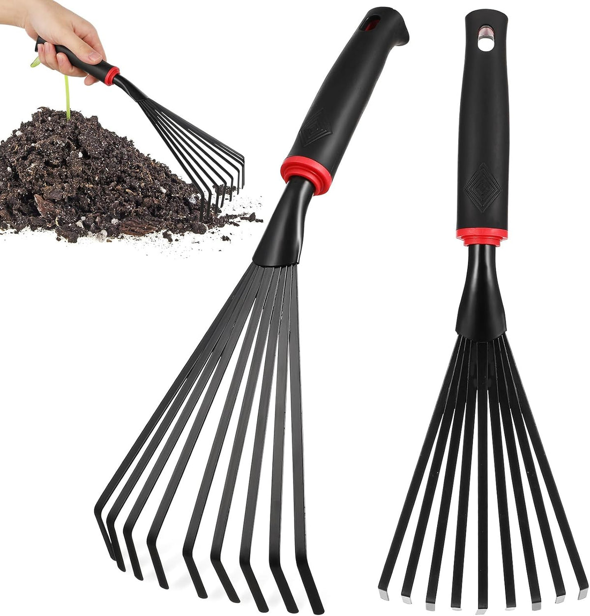VANZACK 2pcs Gardening Hand Rakes Metal Ash Rakes Hand Tiller Mini Garden Cultivator Tools Portable