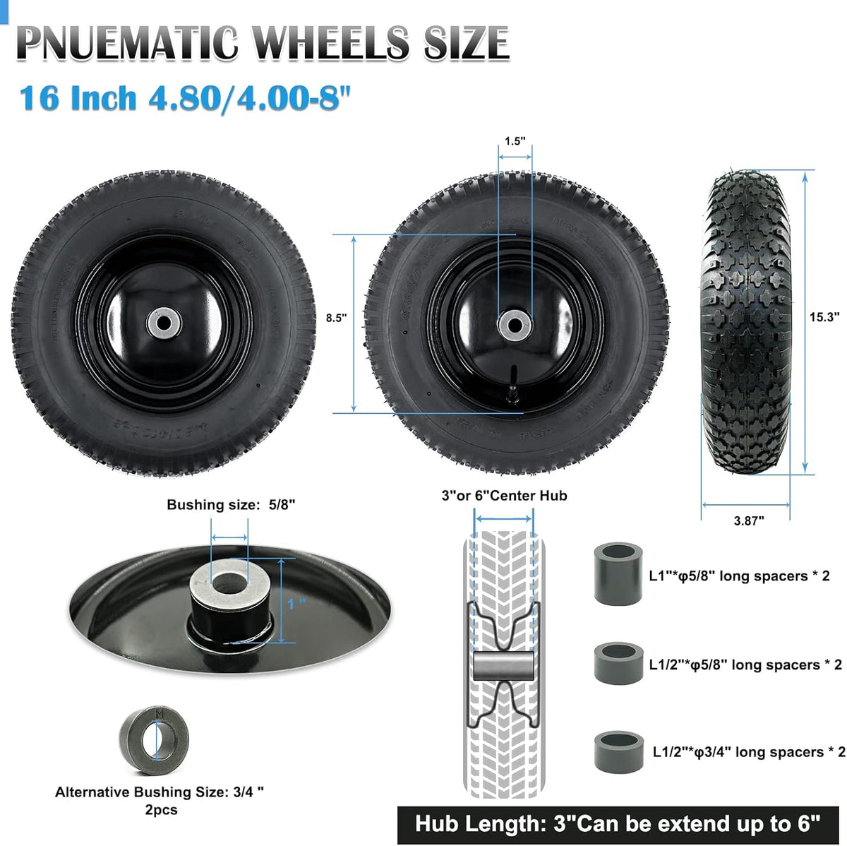 2-Pack of 4.80/4.00-8 Pneumatic Tire and Wheel,2PR (Air Filled)- 5/8"or 3/4" Powdered Metal