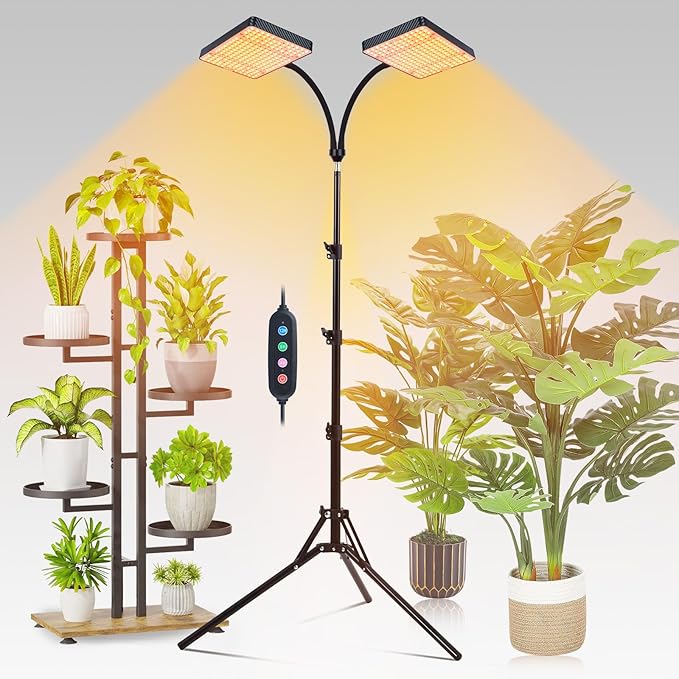 2-Head Grow Light with Stand 50W, FECiDA 2025 Grow Lights for Indoor Plants, Full Spectrum LED