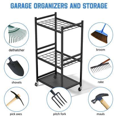 DAOUTIME Garden Organizer With Wheels, Yard Tower Rack for Garage Storage, Up to 35 Long-Handled