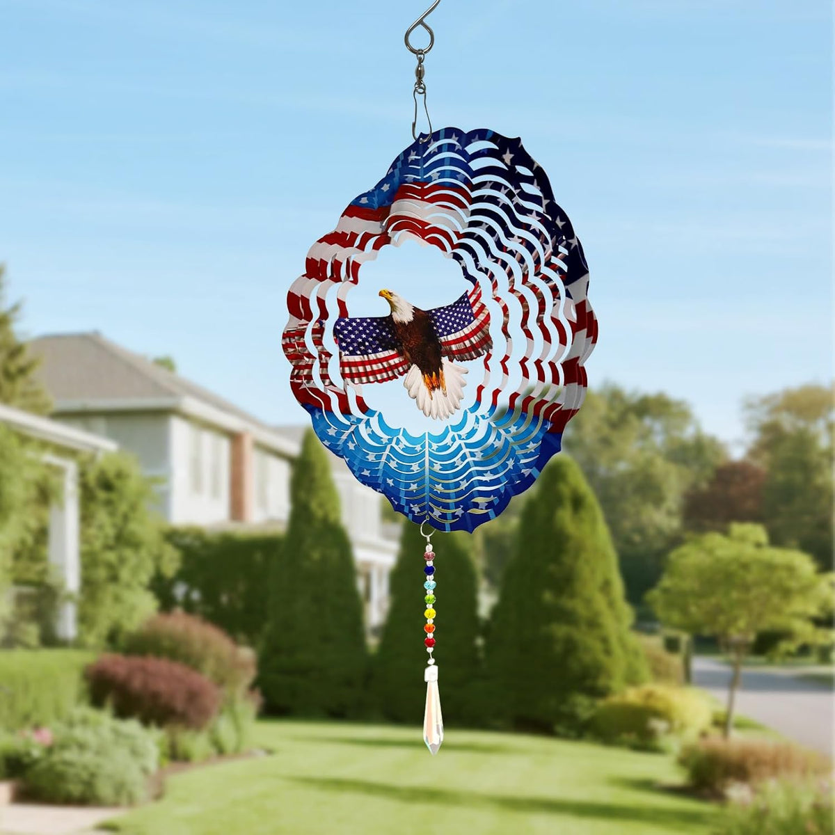American Eagle Wind Spinner Crystal Tail, Marzovitra 10 inch 3D Stainless Steel Hanging Wind