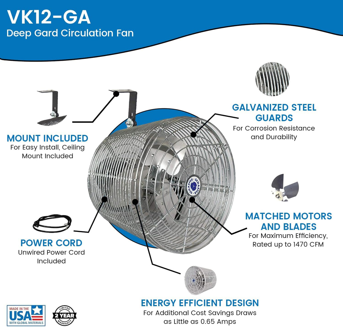Schaefer VK12-GA VersaKool Air Circulator Fan, Ceiling Wall Mount & Aluminum Blade, 1470 CFM, 1/10