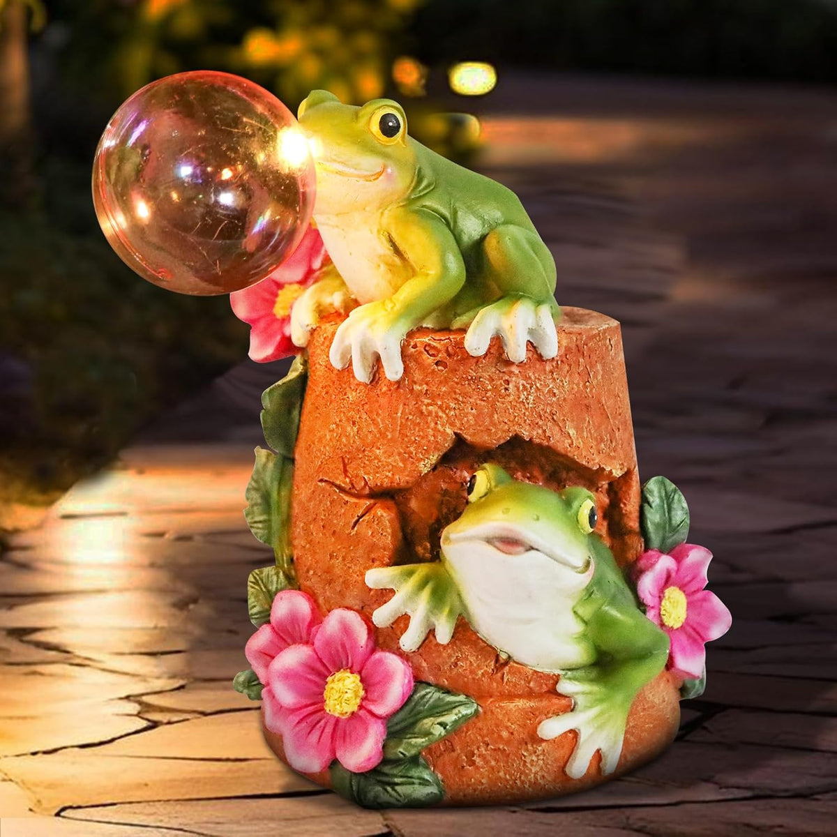 Afirst Solar Garden Outdoor Statues Frog Solar Garden Statue Blowing Bubble with Flowers Waterproof
