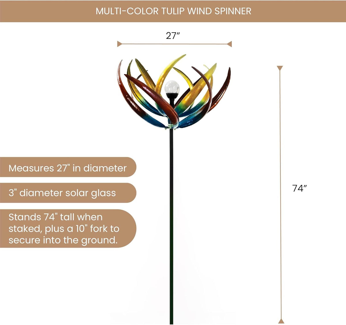 Bits and Pieces - 74" Multi-Color Tulip Wind Spinner - Yard Decorations - Solar Powered Glass Ball