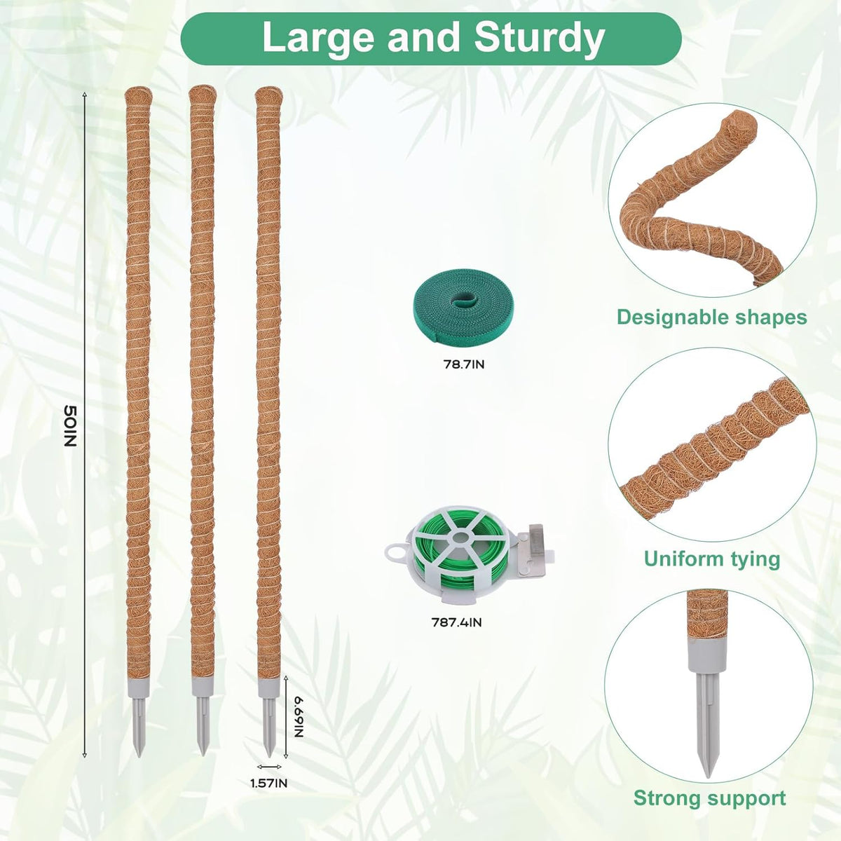 3 Pack Moss Pole, 50 Inch Monstera Plant Support, Tall Moss Poles for Climbing Plants Indoor DIY