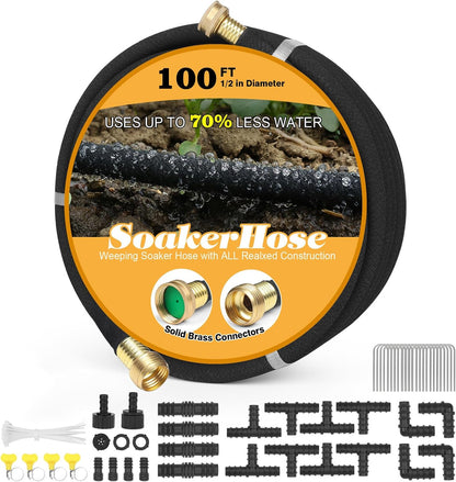 Soaker Hose 100ft for Garden Beds Solid Brass Interface Irrigation Save 70% Water Heavy Duty Rubber