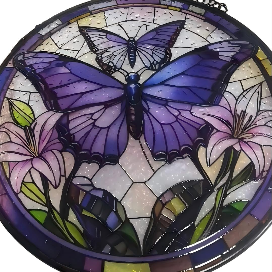 Butterfly Handmade Stained Glass Window Hanging Suncatcher with Chain - 7.9" Outdoor/Indoor Art