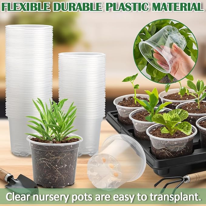 12 Cell Nursery Pot Trays 5 Pack with 4 Inch Clear Plant Pots 60 Pack, Thick Sturdy Seeds Starting