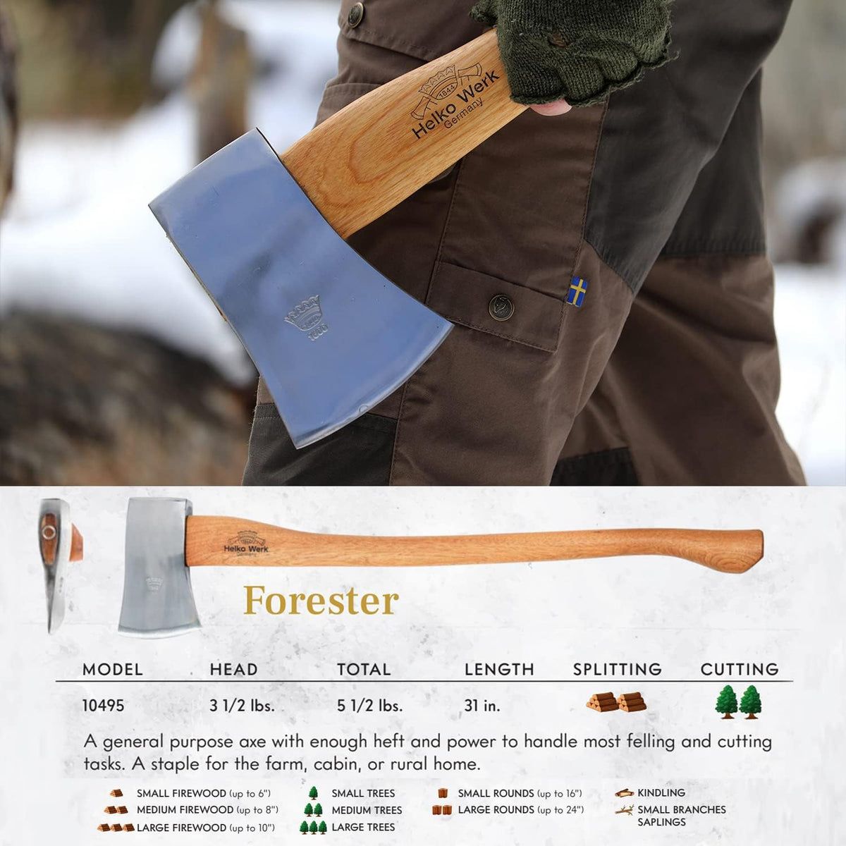 1844 Helko Werk Germany Classic Forester - 3.5 lb Felling Axe - Made in Germany Multi-Purpose