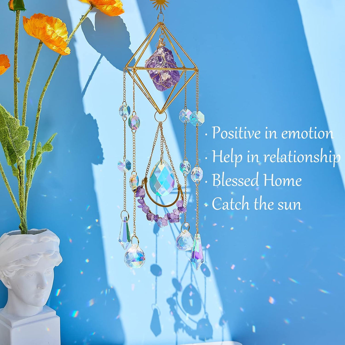 Amethyst Crystal Suncatcher - Hanging Gold Plated Garden Sun Catcher for Windows, Healing Amethyst