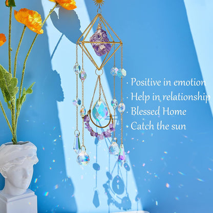 Amethyst Crystal Suncatcher - Hanging Gold Plated Garden Sun Catcher for Windows, Healing Amethyst