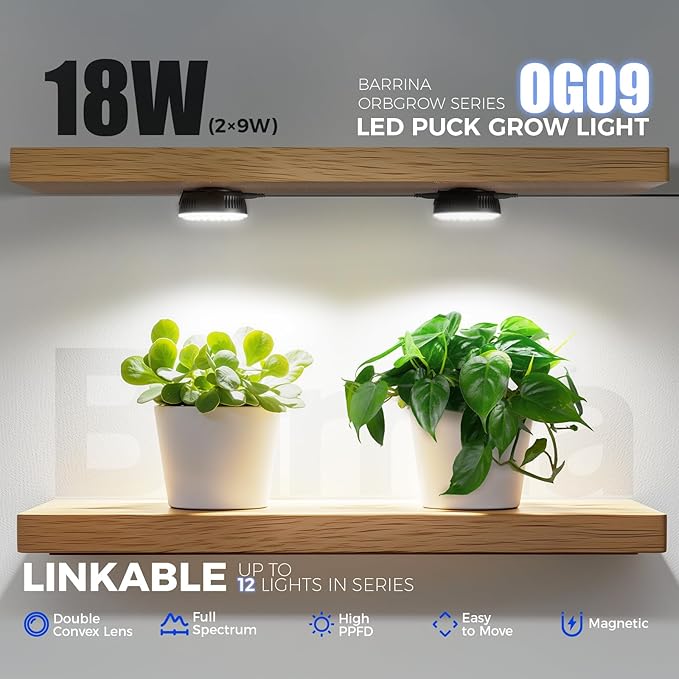 Barrina Orbgrow OG09 Puck LED Grow Light, 5000K 18W(2 x 9W, 270 Watt Equiv), Plant Lights for