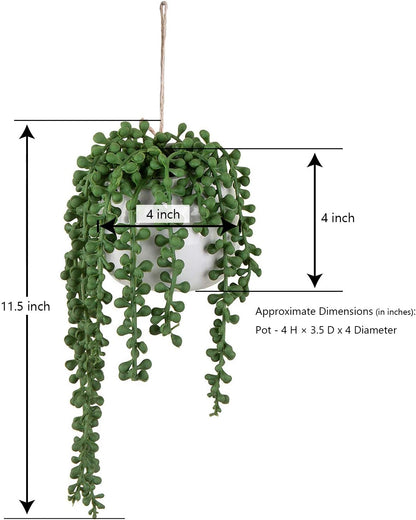 MyGift Artificial Faux String of Pearls Plants in White Ceramic Wall Hanging Planter Pot with Jute