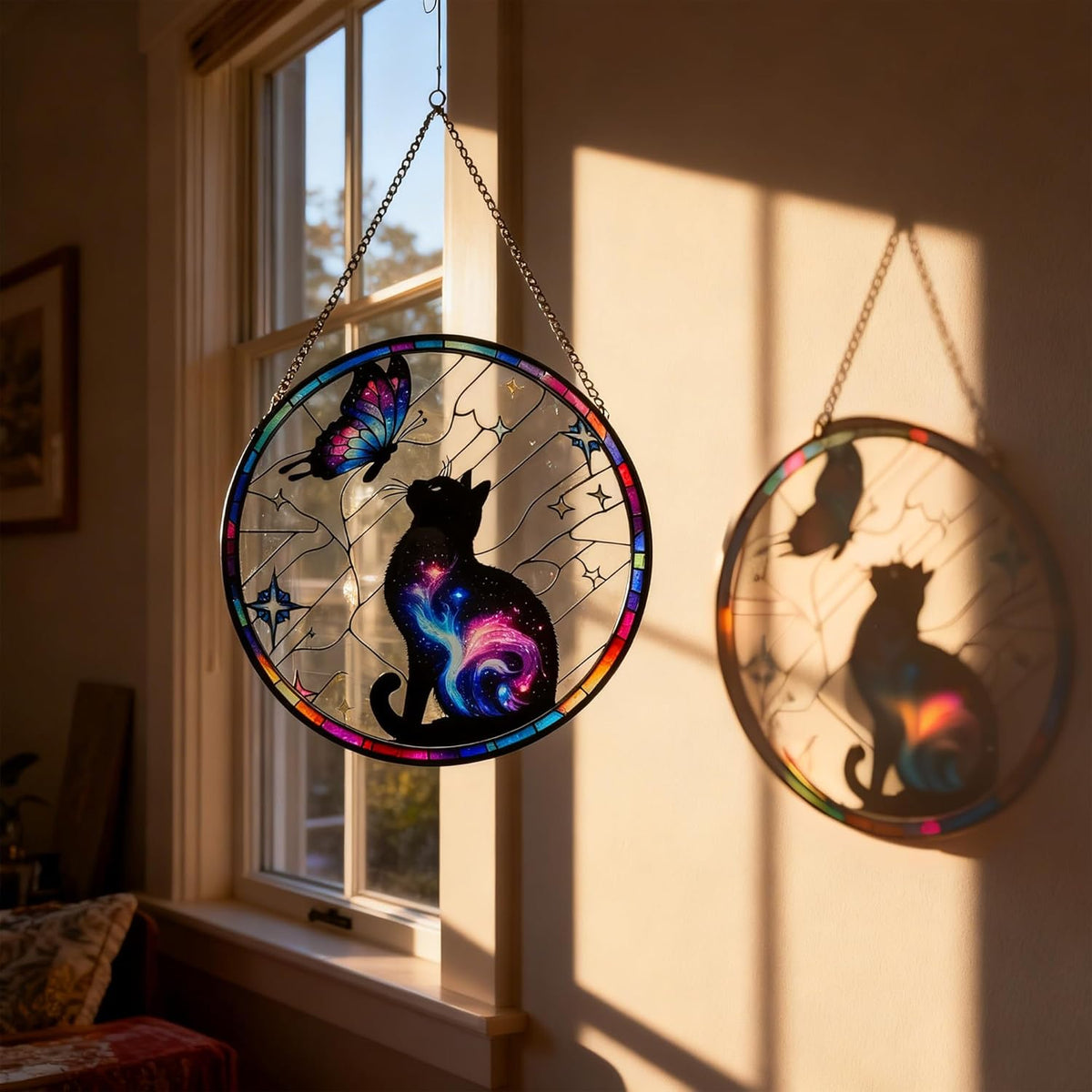 Black Cat Stained Glass Window Hanging, 9.8'' Black Cat & Butterfly with Nebula Design Suncatcher