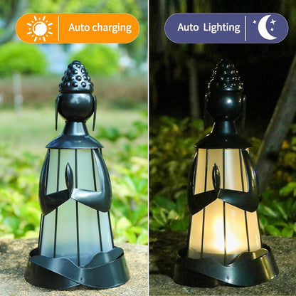 Solar Buddha Figurine Lights, Metal Buddha Statue Solar Lantern Outdoor Garden Statue with Led