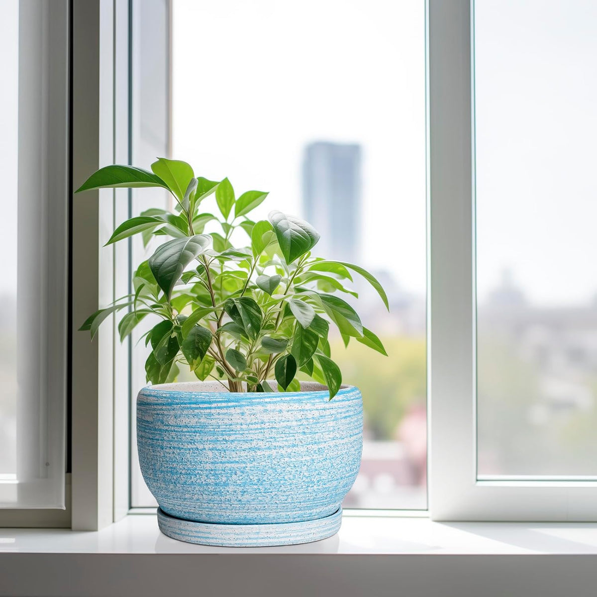 SQOWL Ceramic Plant Pots - 10 Inch Ceramic Flower Pots with Drainage Hole and Saucer, Round Large