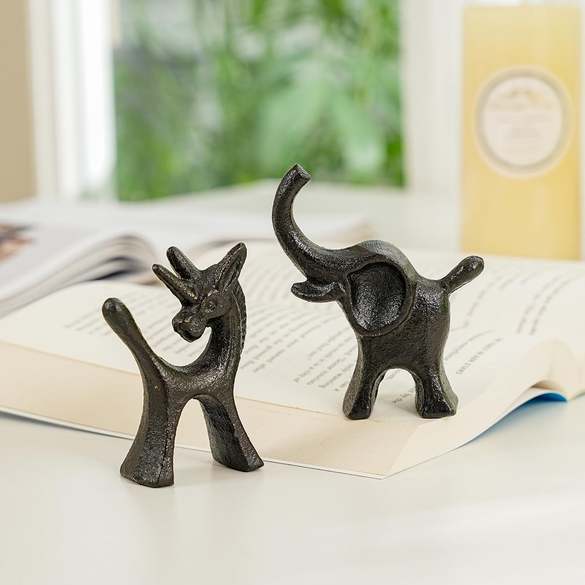 Sungmor Set of 2 Cast Iron Elephant & Unicorn Figurines - Rustic Black Animal Sculptures for Shelf