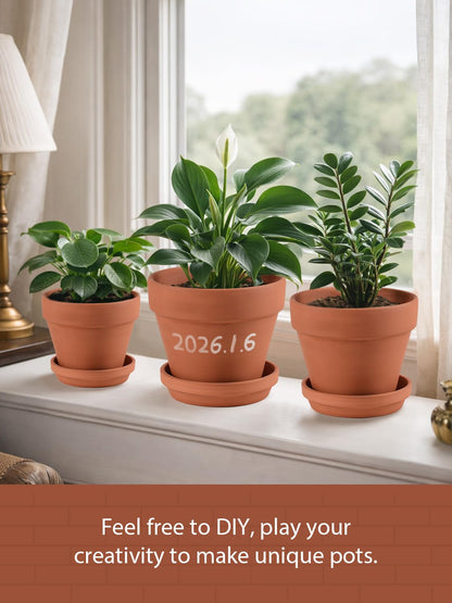 INGOFIN Terracotta Pots Set with Saucer - 5/6/7 inch Ceramic Clay Planters with Drainage Hole