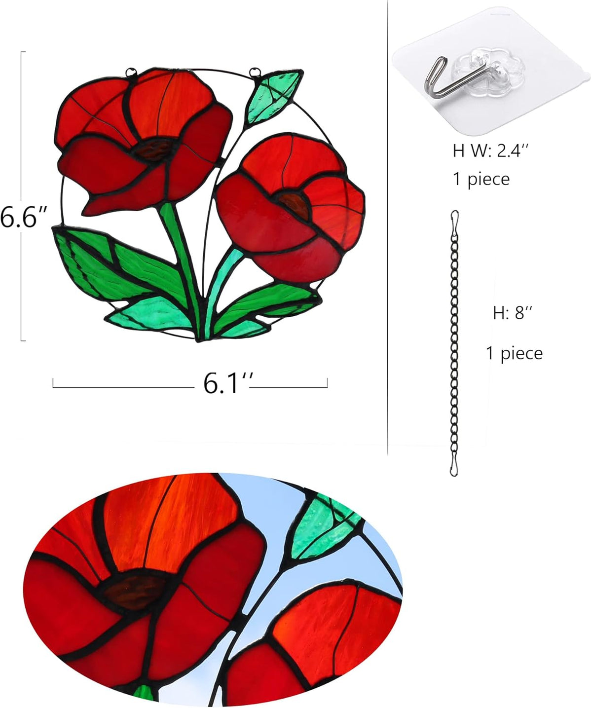 Red Flowers Stained Glass Window Hanging,Artificial Poppy Flower Suncatcher Wall Art Decor,Red