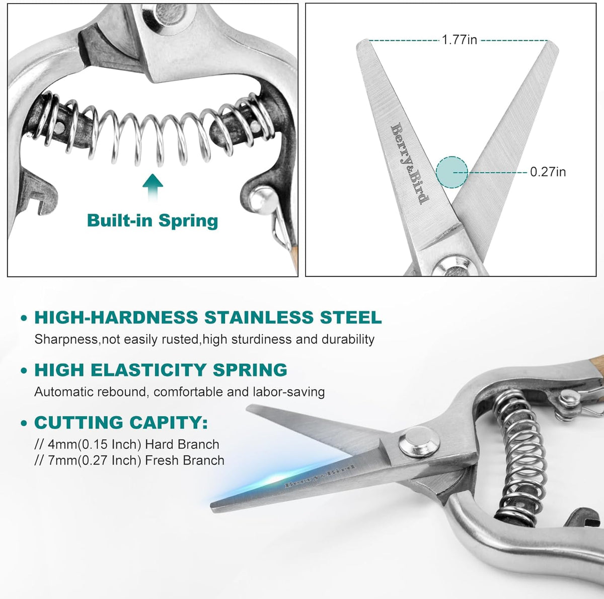 Berry&Bird Straight Pruning Shears with Stainless Steel Blades Garden Hand Pruner 8'' Scissors with