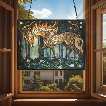 Rectangle Art Nouveau Glade Kirin Stained Glass Sun Catcher Mountain Stained Glass Window Hanging