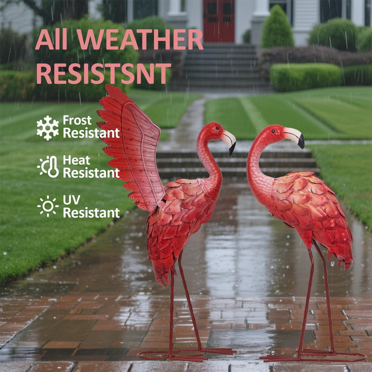 Natelf Pink Flamingo Garden Statues - Metal Flamingo Yard Art Decor, Weather-Resistant Outdoor