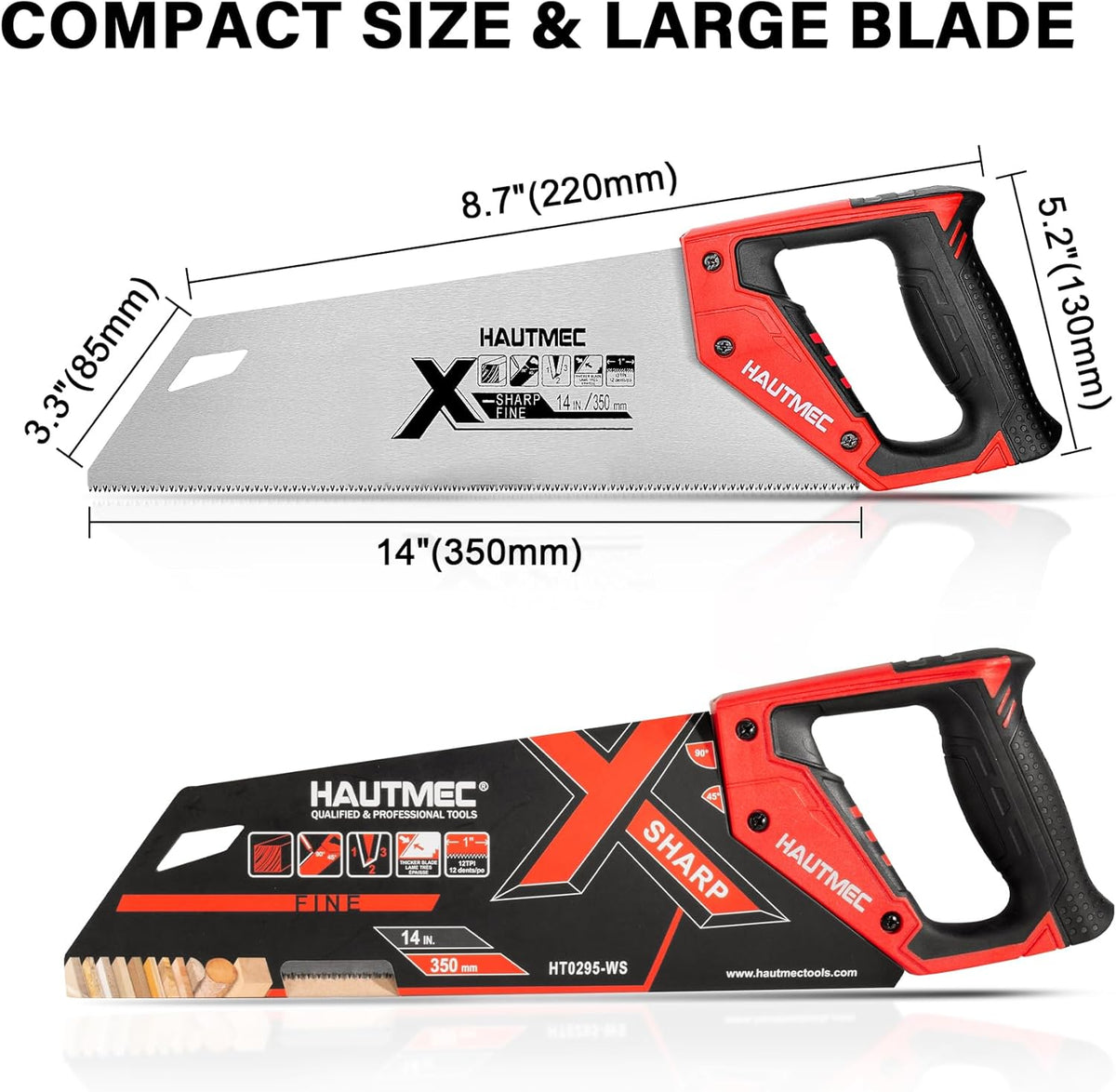 HAUTMEC 14" X-Sharp Compact Hand Saw for Cuts Comfort, Quality and Accuracy, Fine-Cut Handsaw with