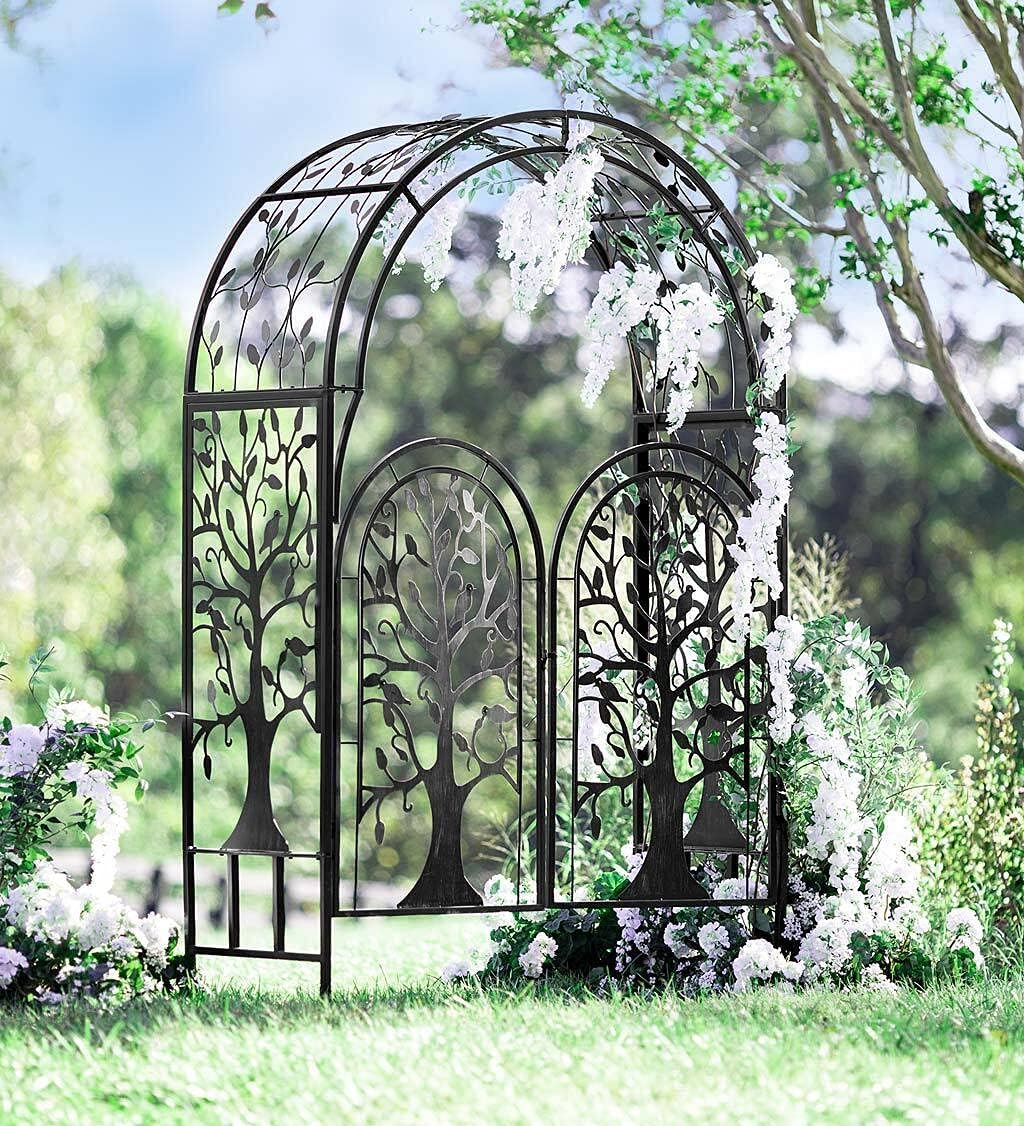 Plow & Hearth Metal Tree of Life Arched Garden Arbor w/Gate | Laser-Cut Design | Plant Support |