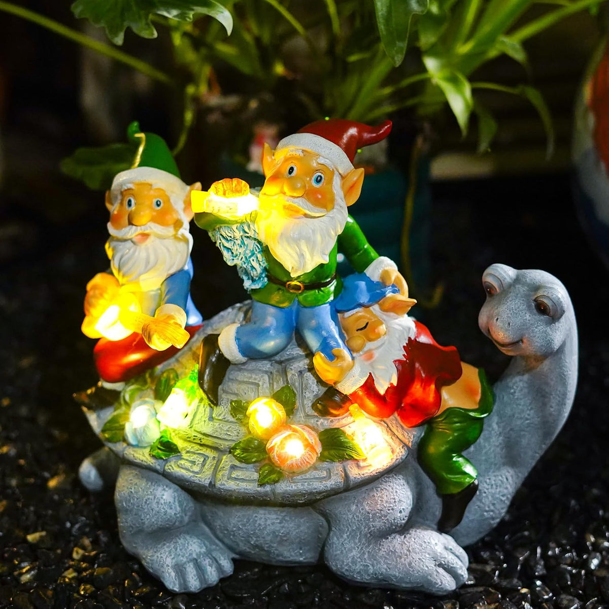Solar Garden Outdoor Statues Three Gnomes Having Party on Turtle with 7 LED Solar Figurine for