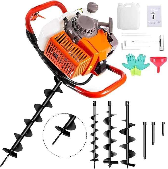 72cc Post Hole Digger 2-Stroke Petrol Gas Powered Earth Digger with 3 Extension Rods（8" 12" & 20"）